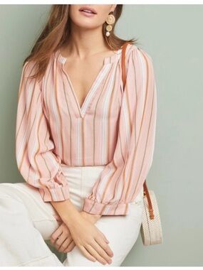 Anthropologie Maeve Brenda Pink Striped Oversized Peasant Top Size XSmall